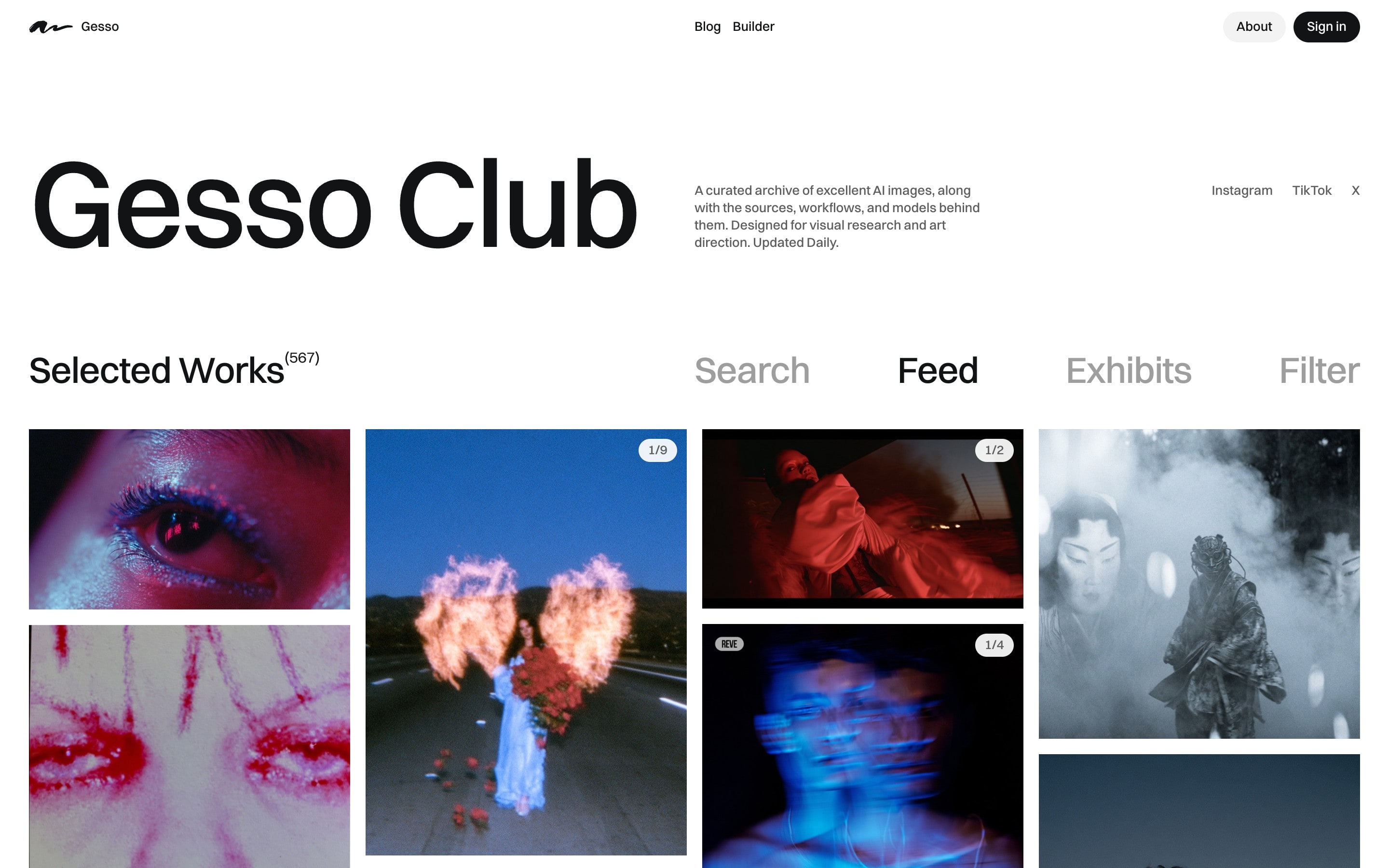 The Gesso Club homepage: the wordmark set large on white, a short description, and the first row of a four-column wall of photographic AI images.