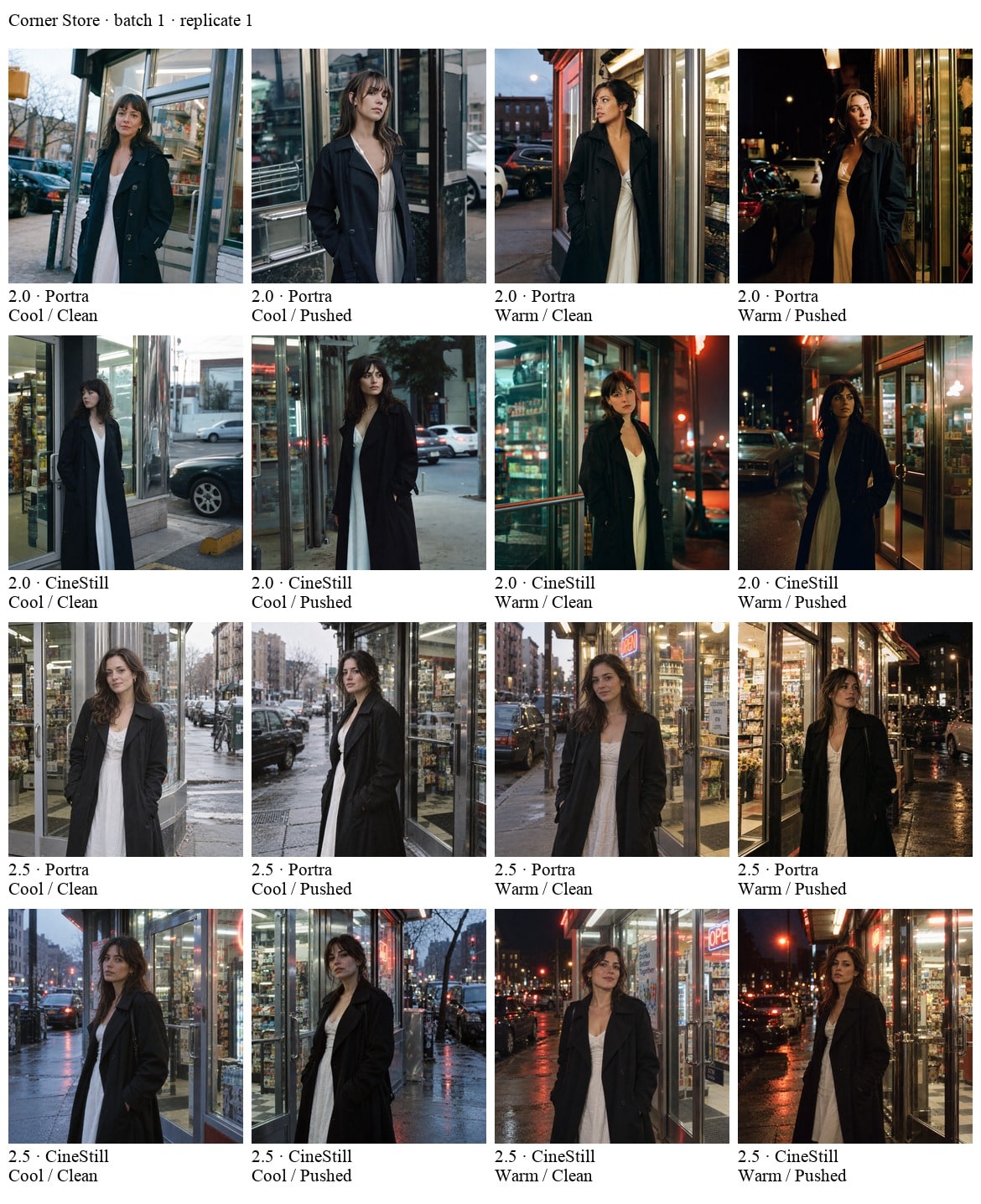 A contact sheet of sixteen frames of a woman in a dark coat outside a corner store, labelled by model version, filmstock, lighting and processing.