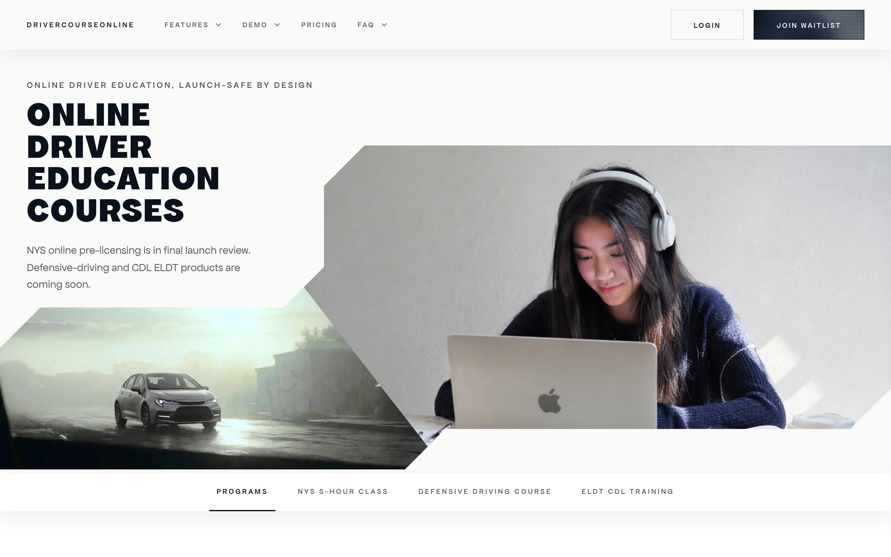 The DriverCourseOnline homepage: the headline “Online driver education courses”, a note that New York pre-licensing is in final launch review, and photographs of a car and a student at a laptop.