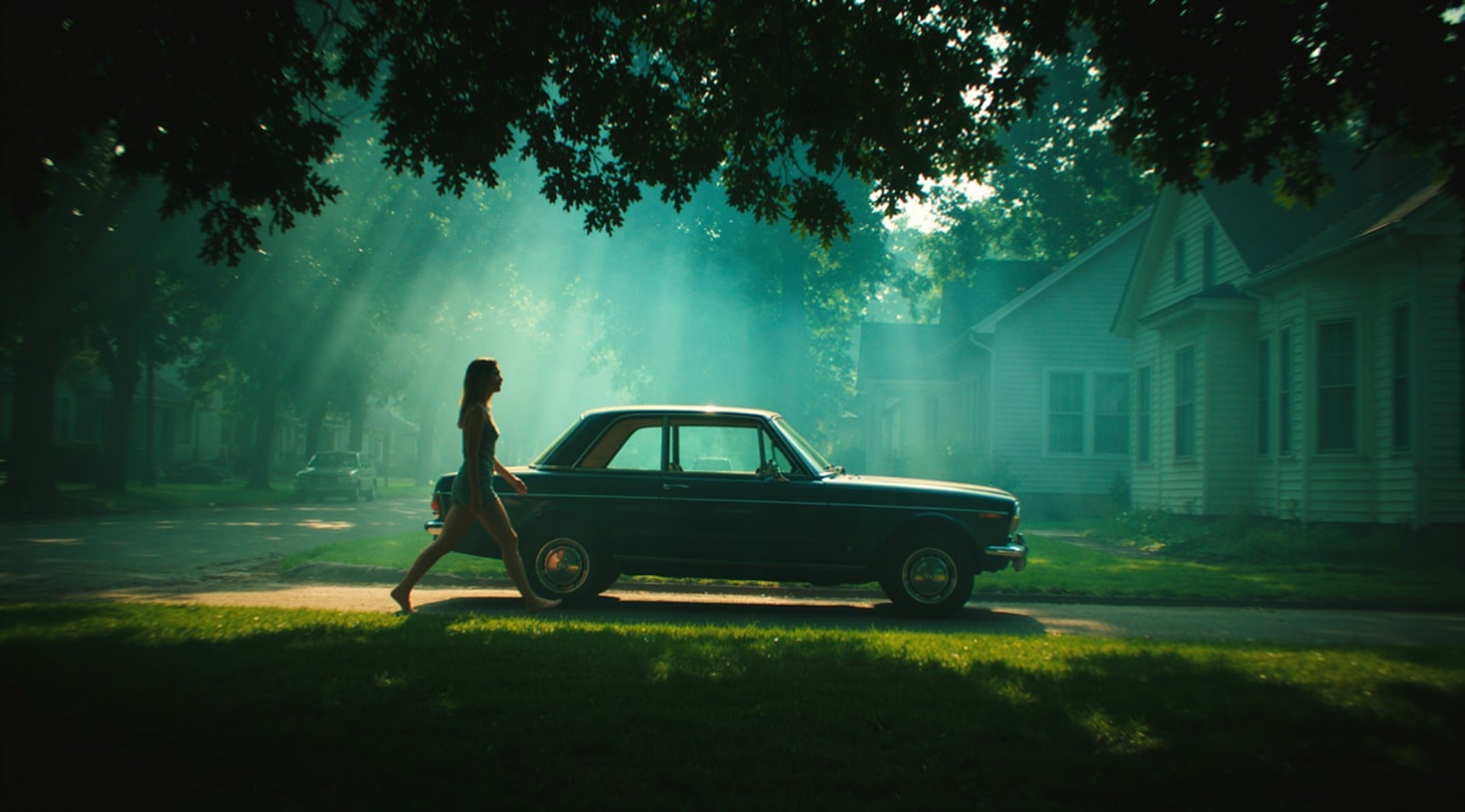 A woman walks past a dark green sedan on a suburban street at dusk, light falling through the trees in teal shafts.