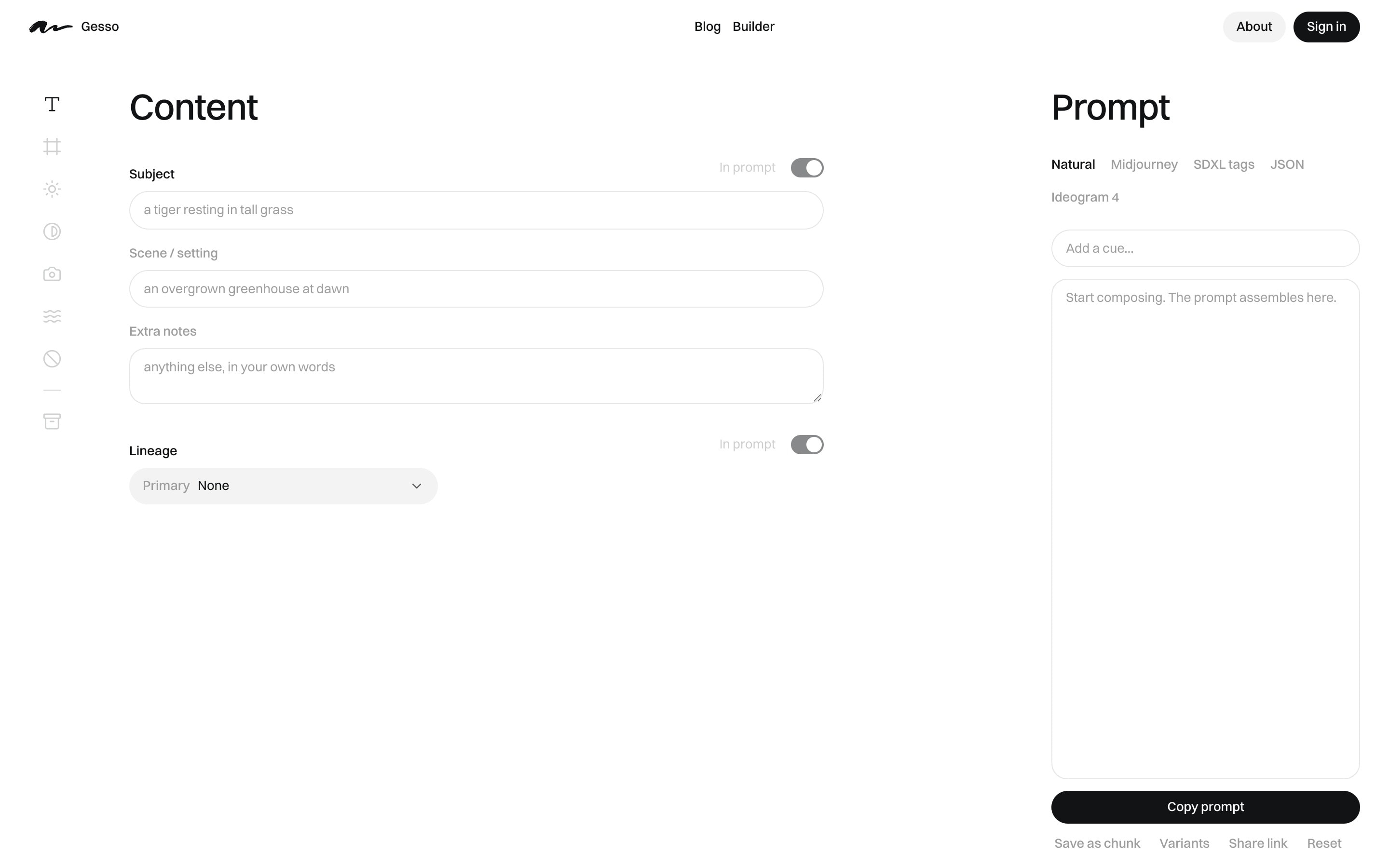 The Gesso Club Builder: a rail of module icons, content fields for subject and scene, and a prompt panel with dialect tabs for Natural, Midjourney, SDXL tags, JSON and Ideogram 4.