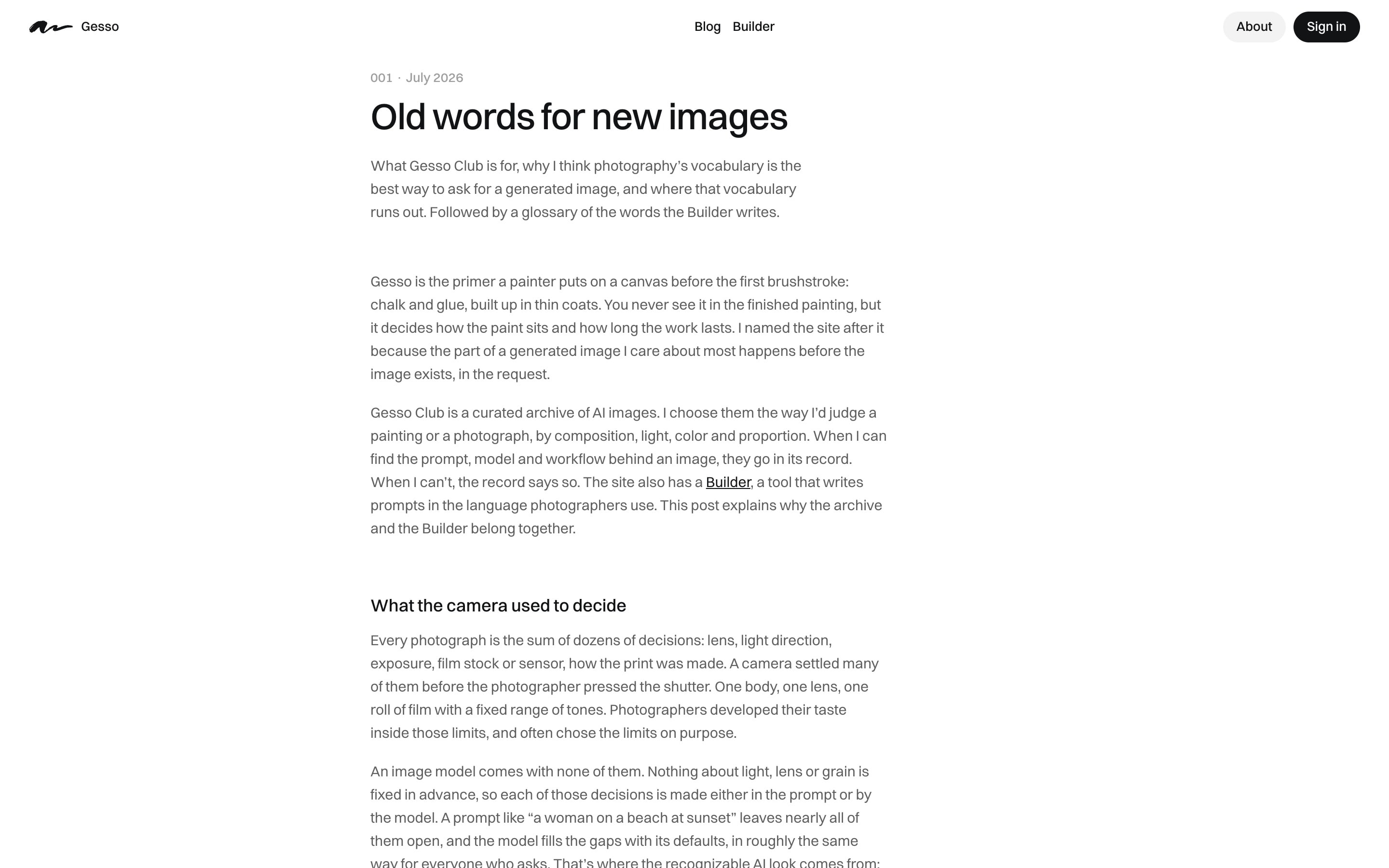The essay “Old words for new images” on Gesso Club, set in a single reading column.
