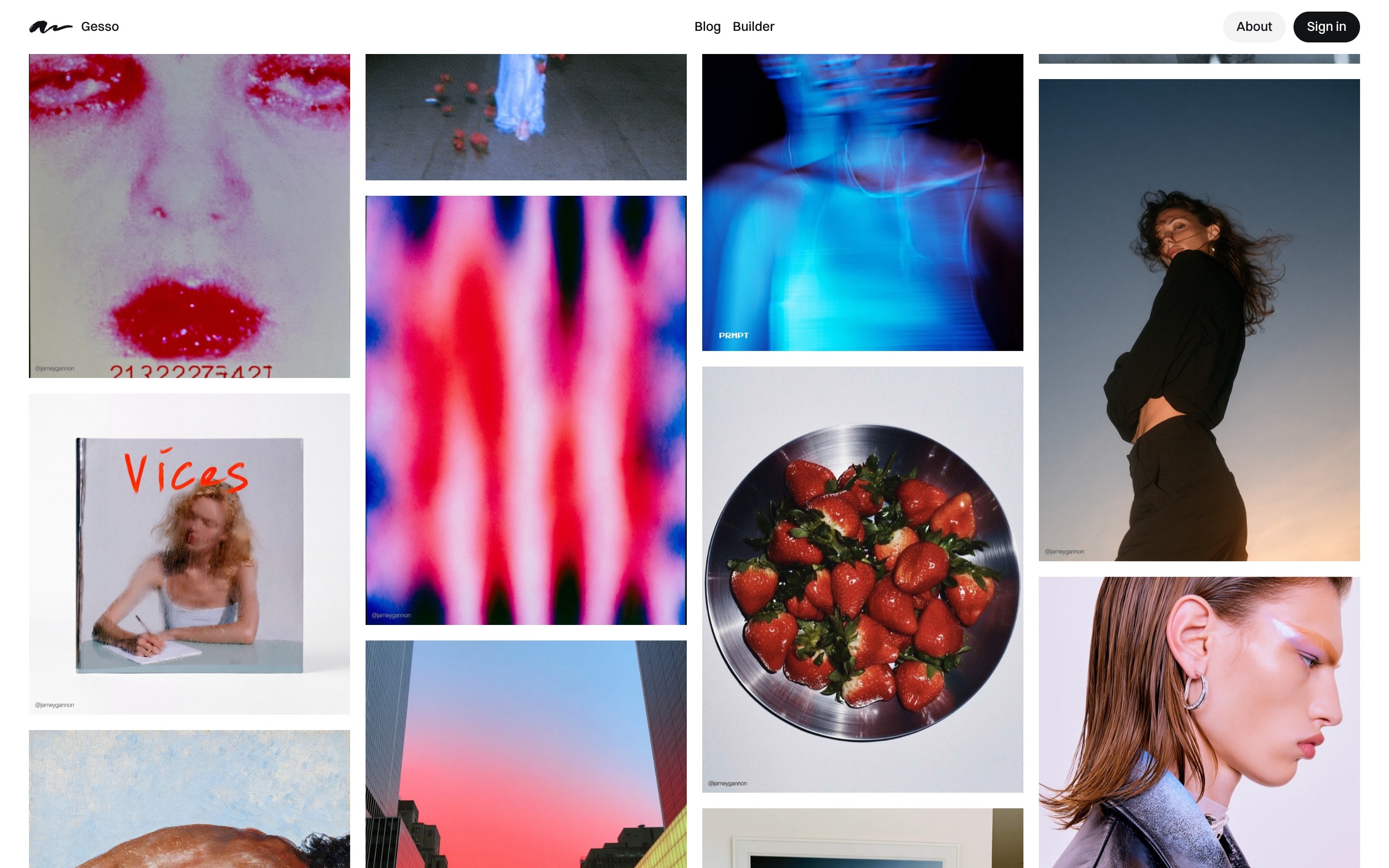 The Gesso Club wall scrolled past the header: a dense masonry of photographic and abstract AI images in four columns.