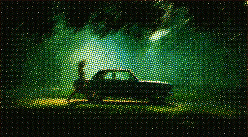A woman walks past a dark green sedan on a suburban street at dusk, printed as a halftone.